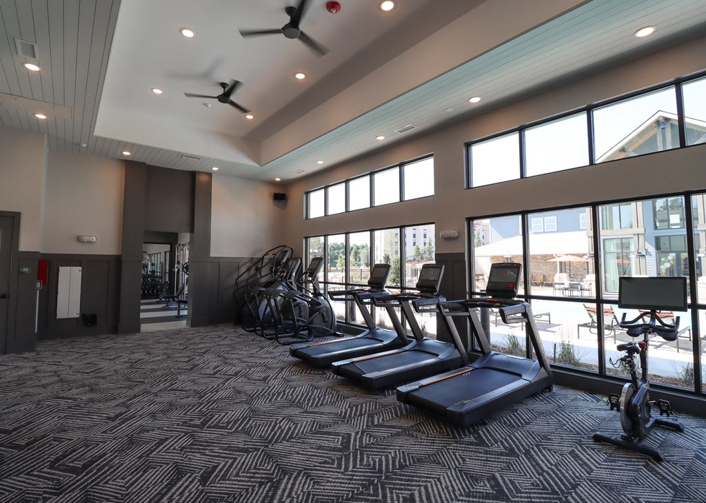 a gym with cardio equipment and windows at the district flats apartments at The Crest at Acworth, Acworth, GA