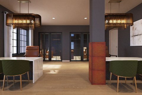 A modern dining room with a white table and green chairs.