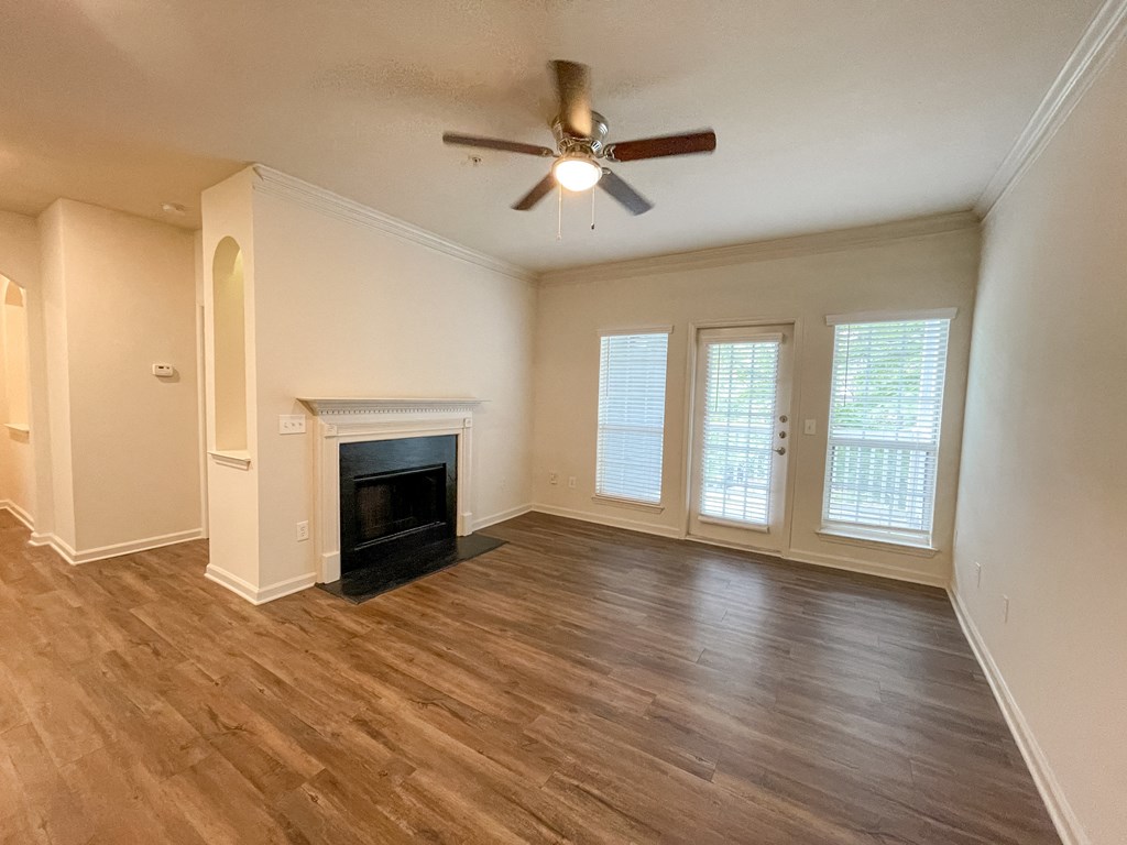 Living Space with High Ceilings and Fireplace located in Lawrenceville, GA