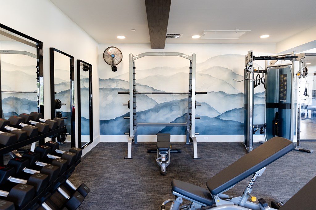 A gym with a wall mural of mountains and a row of treadmills. at The Crest at Oakwood Apartments, Oakwood  30566
