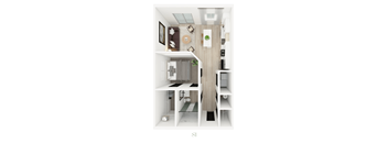 A floor plan of a small apartment with a kitchen, living room, and bathroom.