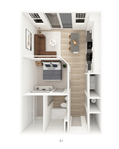 A top-down view of a small, well-organized apartment with a bedroom, living room, and kitchen area.