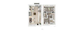 A floor plan of a two-level home with a living room, kitchen, and bathrooms.