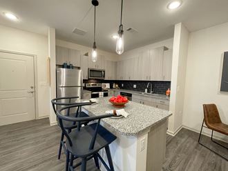 The Crest at Acworth Designer Apartment Home Kitchen with Wood Grain Cabinets