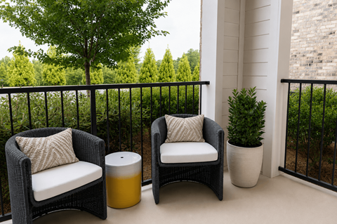 Two chairs and a table on a balcony.