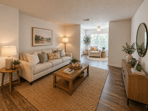 A living room with a white couch, a coffee table, and a painting on the wall.