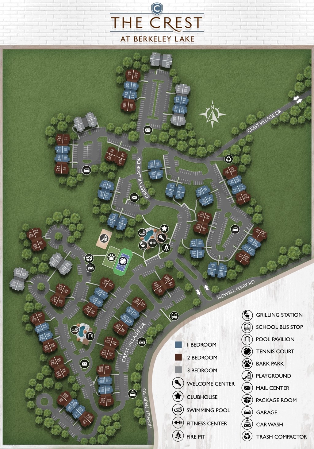 The Crest at Berkeley Lake apartment community located in Duluth, GA aerial site map