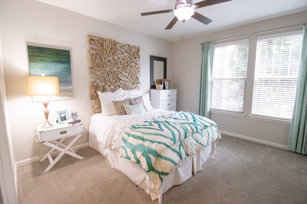 The Crest at Laurel Canyon model apartment home bedroom with ceiling fan located in Canton,GA