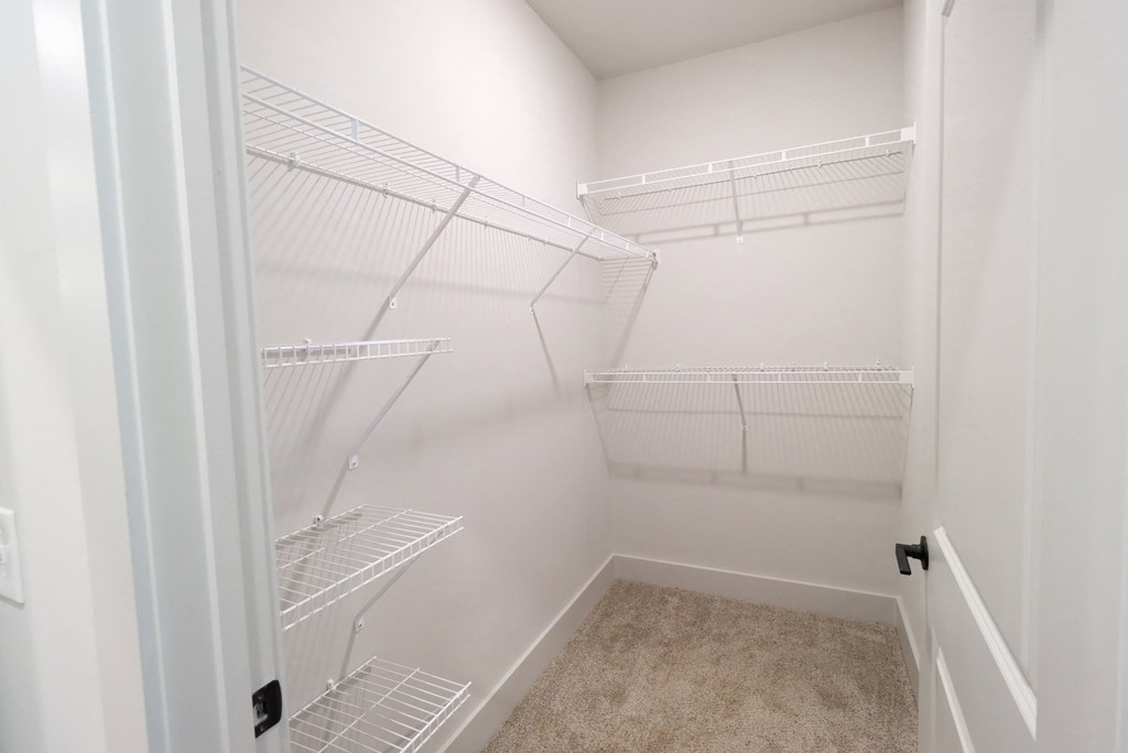 a walk in closet in a home with white walls and a white door at The Crest at South Point Apartments, Davenport 