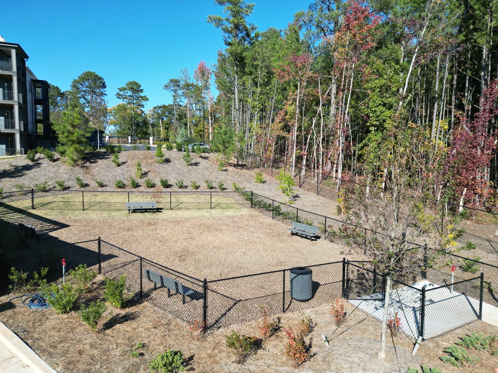 the fenced in dog park with trees in the background at The Wren Apartments, Lawrenceville, GA