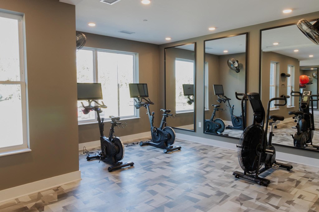 a gym with treadmills and weights in a home gym at The Wren Apartments, Lawrenceville, GA