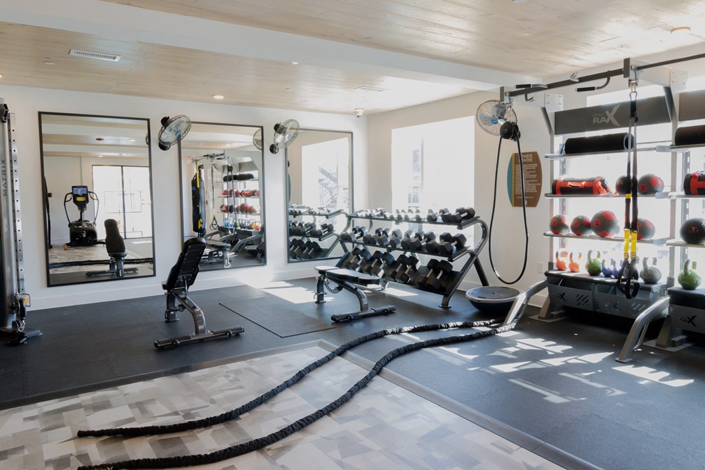 a home gym with weights and cardio equipment at The Wren Apartments, Lawrenceville, GA, 30043