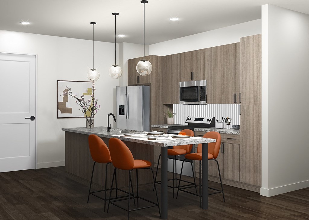 a rendering of a kitchen with an island and orange chairs at The Wren Apartments, Lawrenceville, Georgia