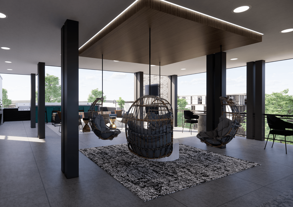 a rendering of a living room with hanging chairs and a large window