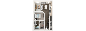 a bedroom with a bed and a chair in a room