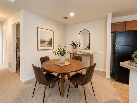 A dining room with a round table and chairs.