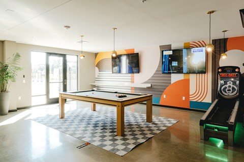 a game room with a pool table and a tv