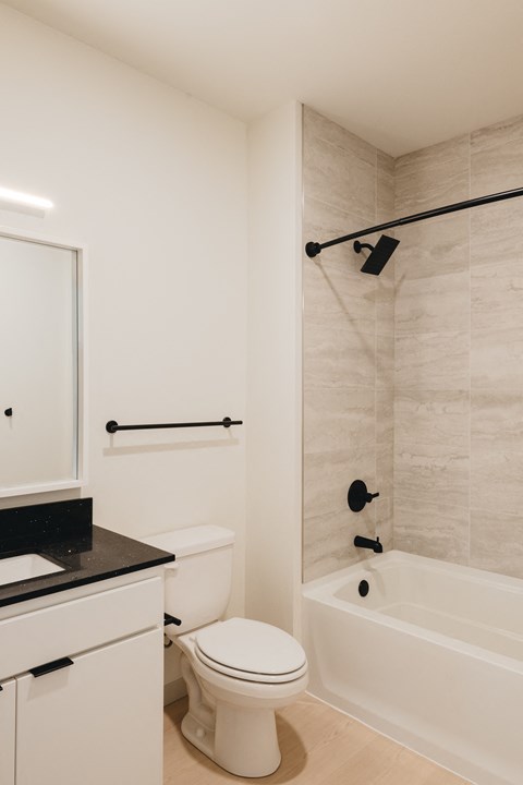 a bathroom with a white toilet and a tub and a sink