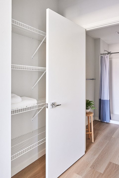 a white closet with white shelves and a white door