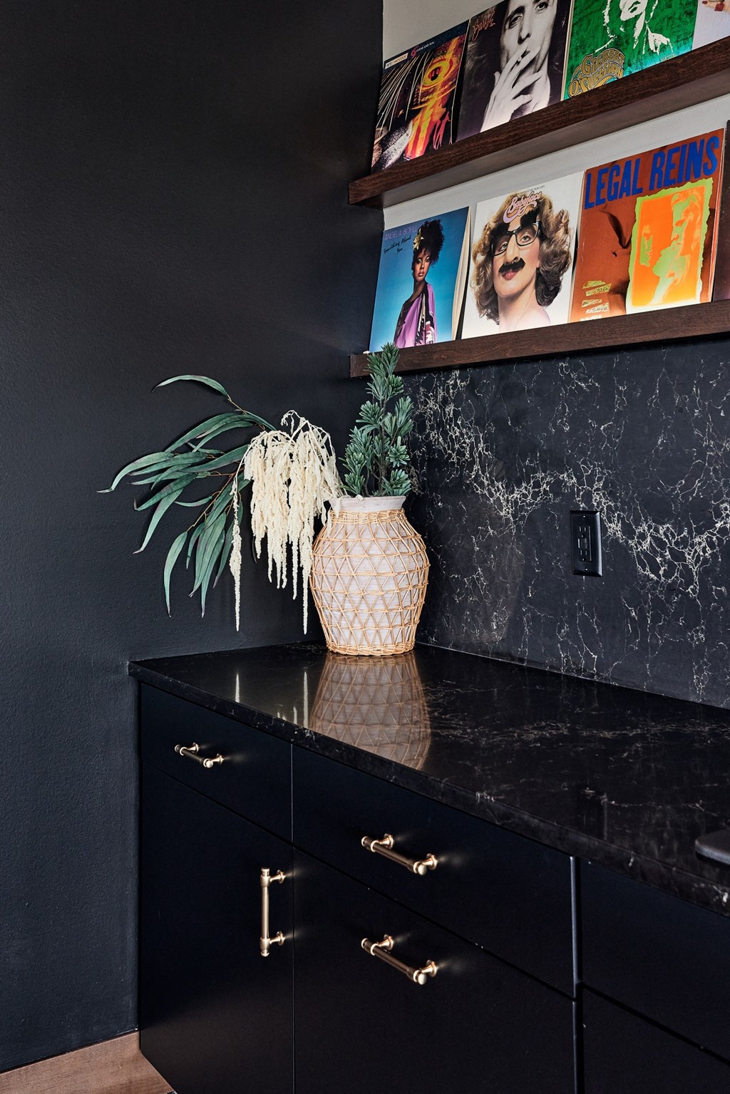 a black cabinet with a plant on top of it