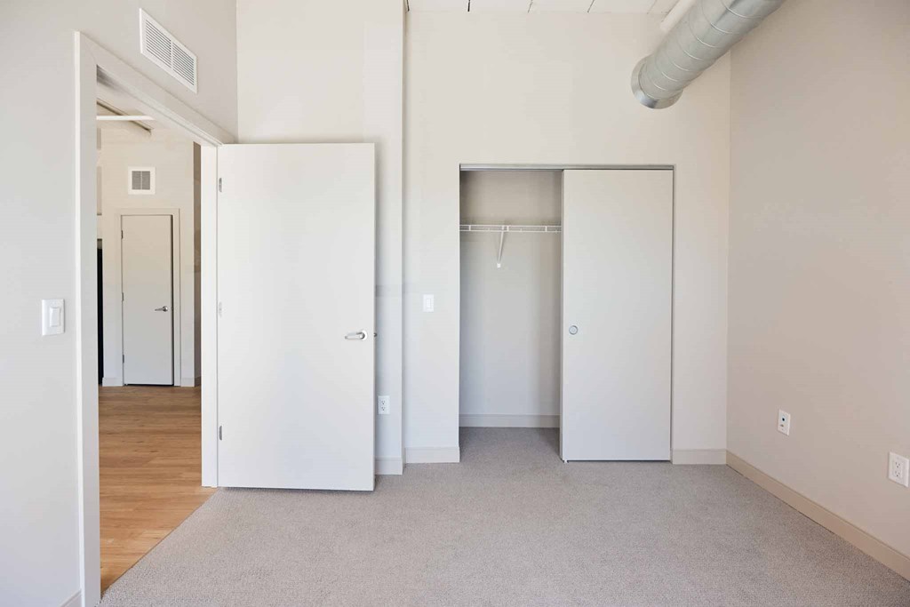 a bedroom with closet doors and a carpeted floor