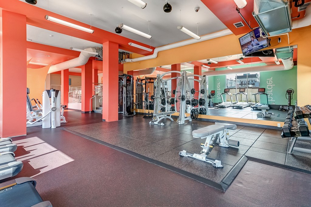 a gym with a lot of exercise equipment and a tv
