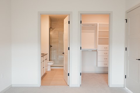 a master bathroom with a walk in closet and a shower