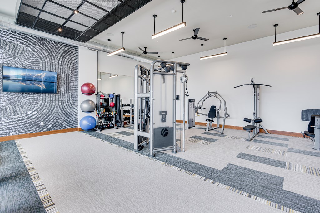 a gym with exercise equipment and a rug on the floor