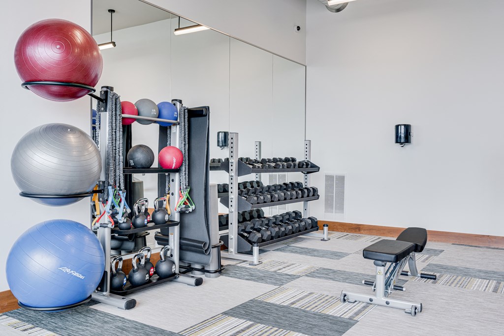 a fitness room with weights and balls and other gym equipment