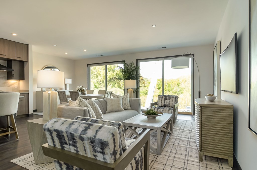 a living room with a couch and a table