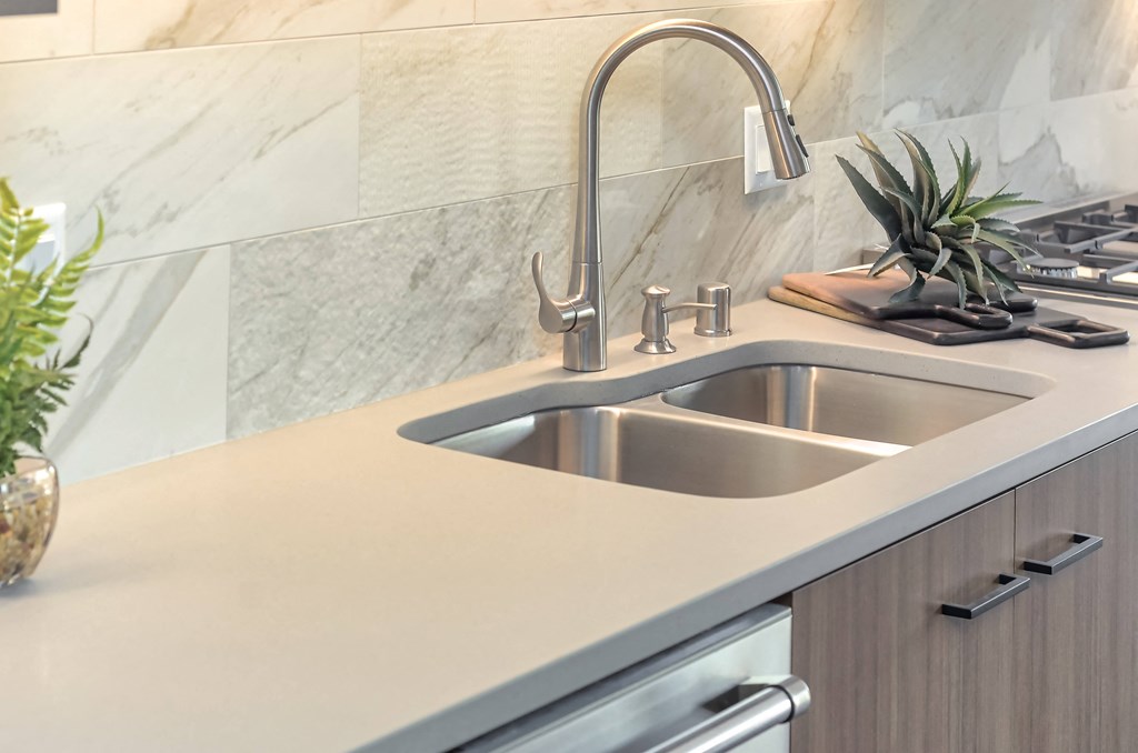 a kitchen sink with a faucet and a counter top with a plant