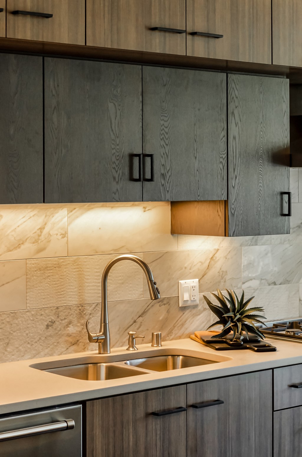 a kitchen with black cabinets and a sink