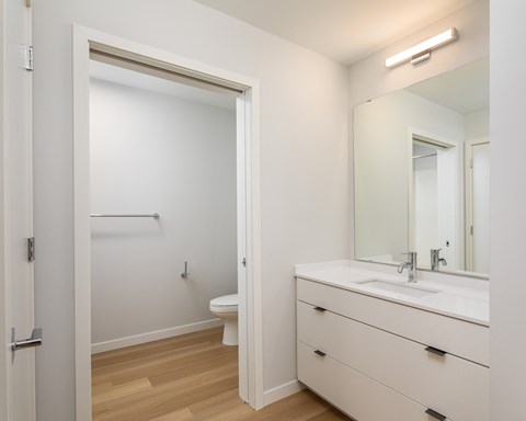 a bathroom with a mirror and a sink and a toilet