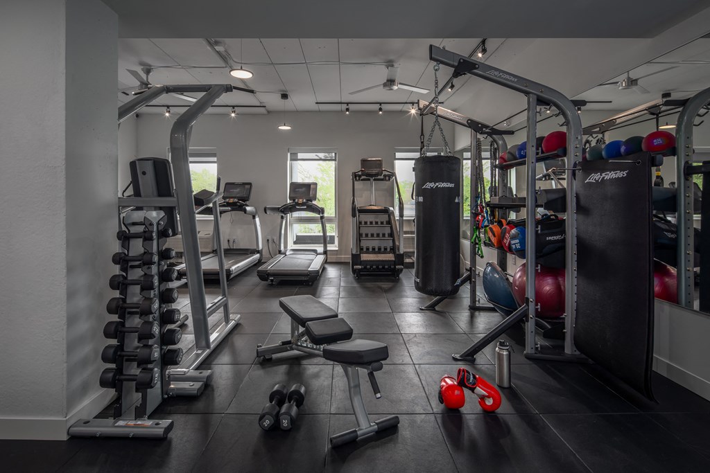 a gym with weights and cardio equipment in a building