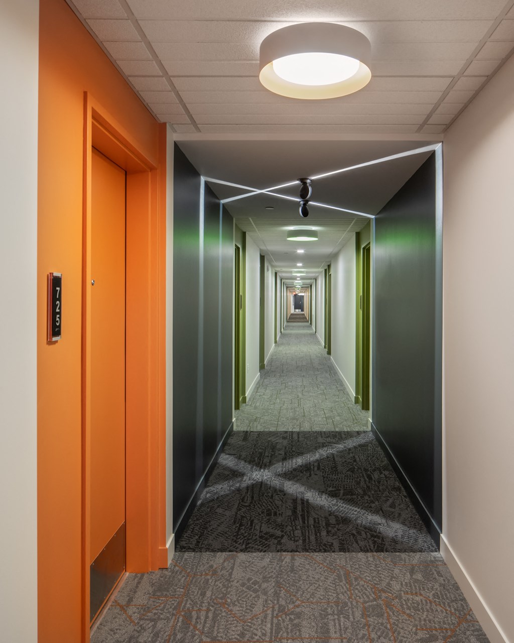 a corridor with orange doors and green walls and a carpeted floor