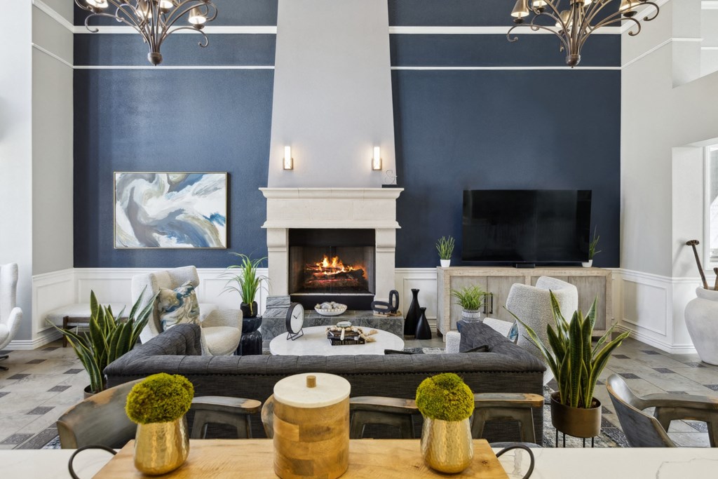social lounge with fireside seating at Bridgeport Ranch apartments