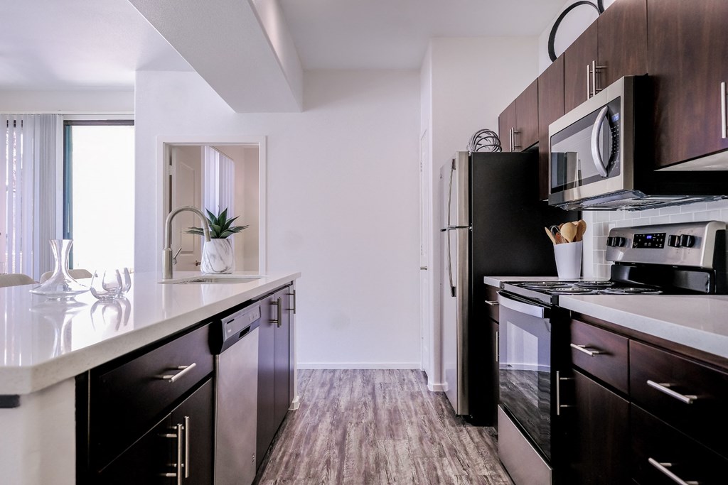 luxury kitchen with stainless steel appliances at Avora apartments