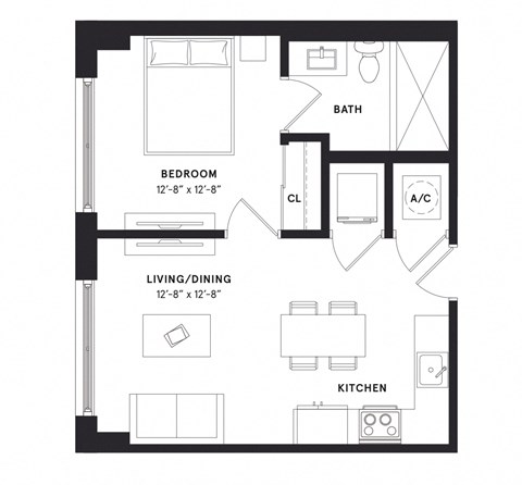 floorplan of a one bedroom luxury apartment at 29 Wyn apartments in Miami, FL