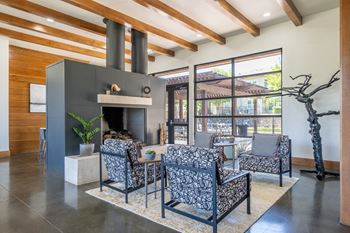 fireside social lounging area at The Pradera apartments