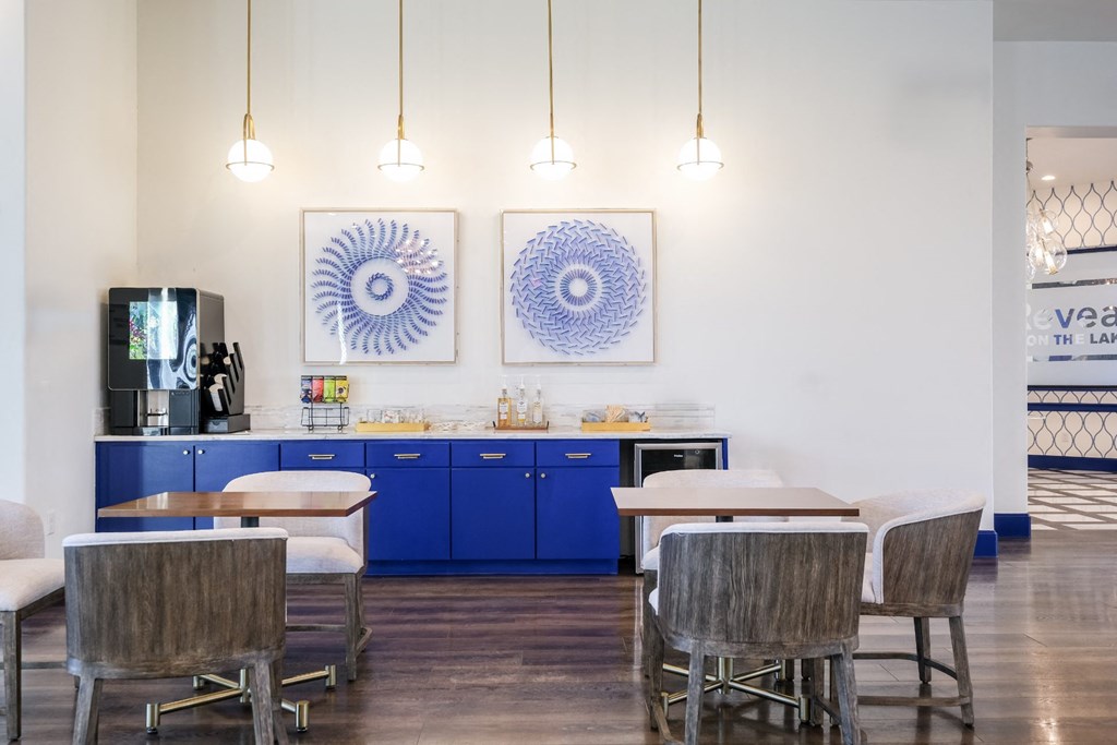 social area with coffee bar at Reveal on the Lake apartments