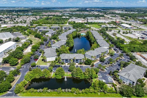 An ariel view of the property and pond at Verano apartments