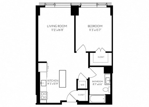 One Bedroom One Bathroom 1 A - 1 ADA Floorplan at The Benjamin Seaport Residences, Boston, MA