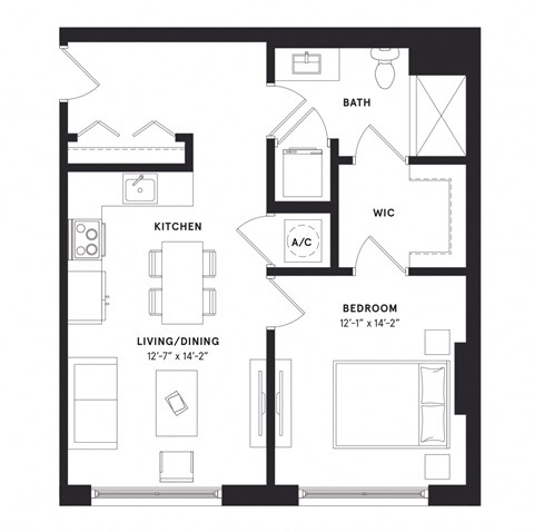 floorplan of a one bedroom luxury apartment at 29 Wyn apartments in Miami, FL
