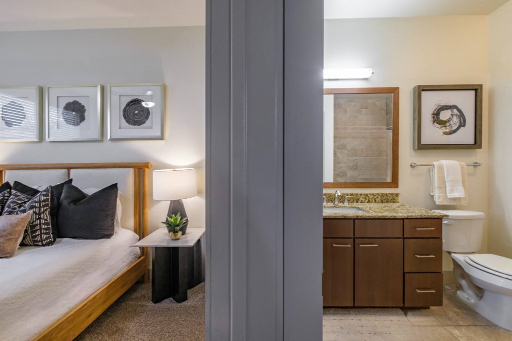 luxury bedroom and bathroom at Berkshire Medical District apartments