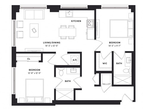 floorplan of a two bedroom luxury apartment at 29 Wyn apartments in Miami, FL