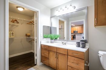 bathroom with custom cabinetry at Soho Parkway apartments