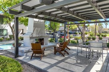 outdoor patio and fireside retreat at Avora apartmetns