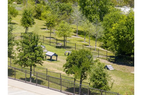 aerial view of the dog park at Berkshire Spring Creek pet friendly apartments in Garland, TX