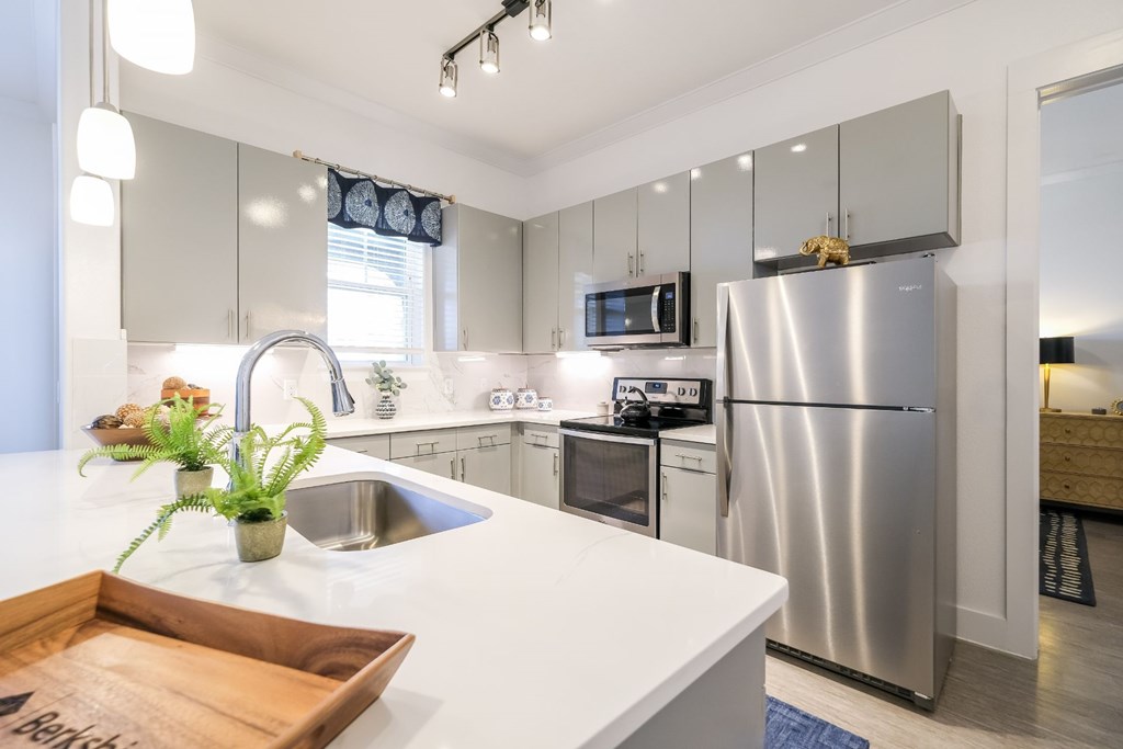 modern kitchen with stainless steel appliances at Reveal on the Lake luxury apartments