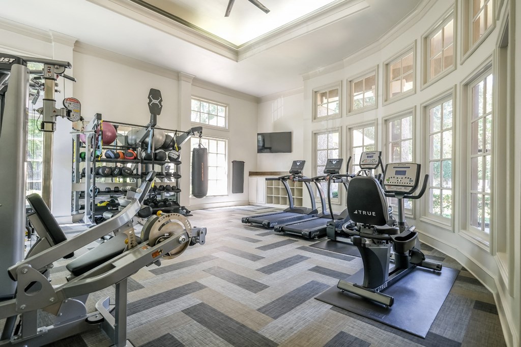 fitness center with free weights at Stoneleigh on Spring Creek apartments
